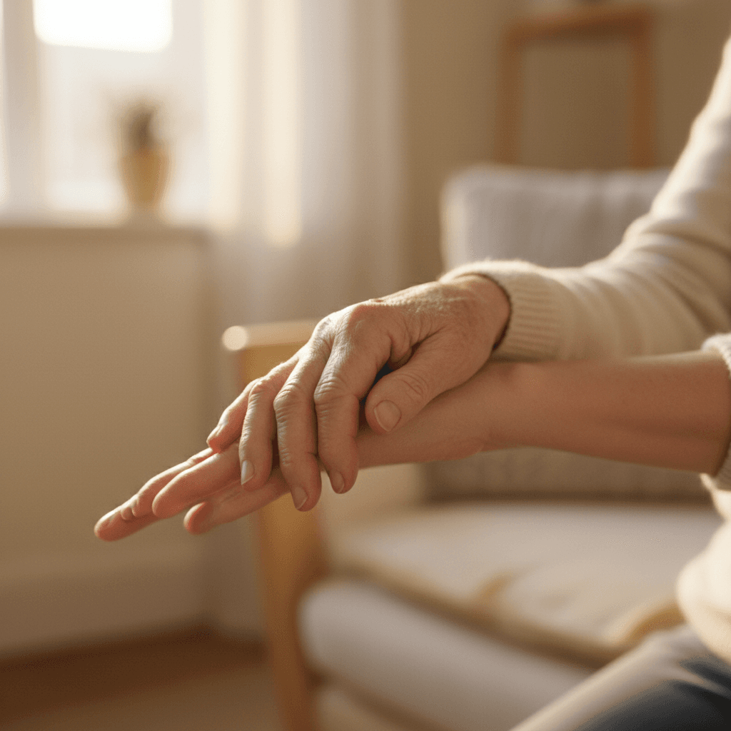 Warm, intimate documentary aesthetic close-up of an elderly person's hand gently placed on a caregiver's arm during a moment of trust and comfort.