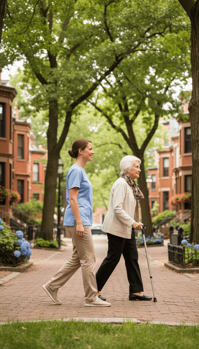 Fresh, energetic lifestyle aesthetic vertical shot of a caregiver and elderly client walking together down a tree-lined Boston neighborhood street, captured mid-stride from the side.