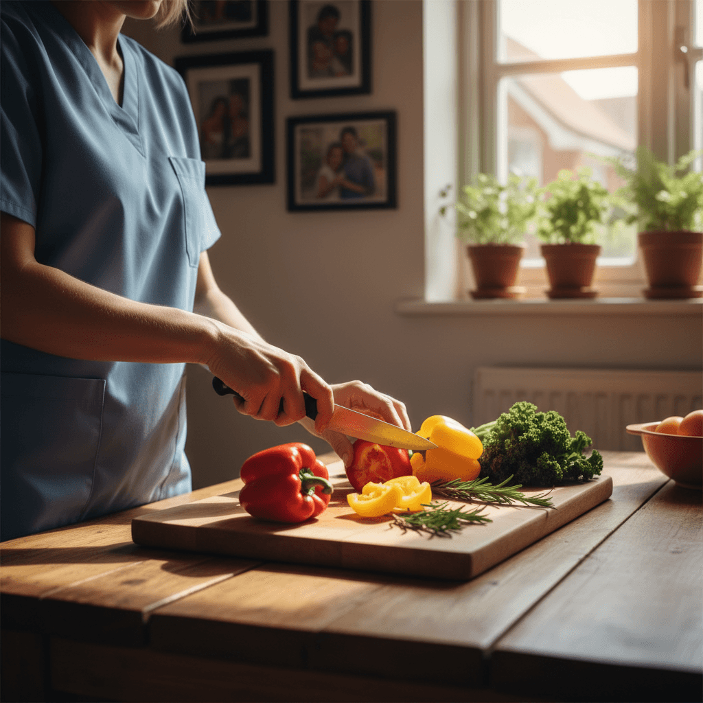 Caregiver and elderly person preparing fresh vegetables together at kitchen table in bright, sunny home kitchen