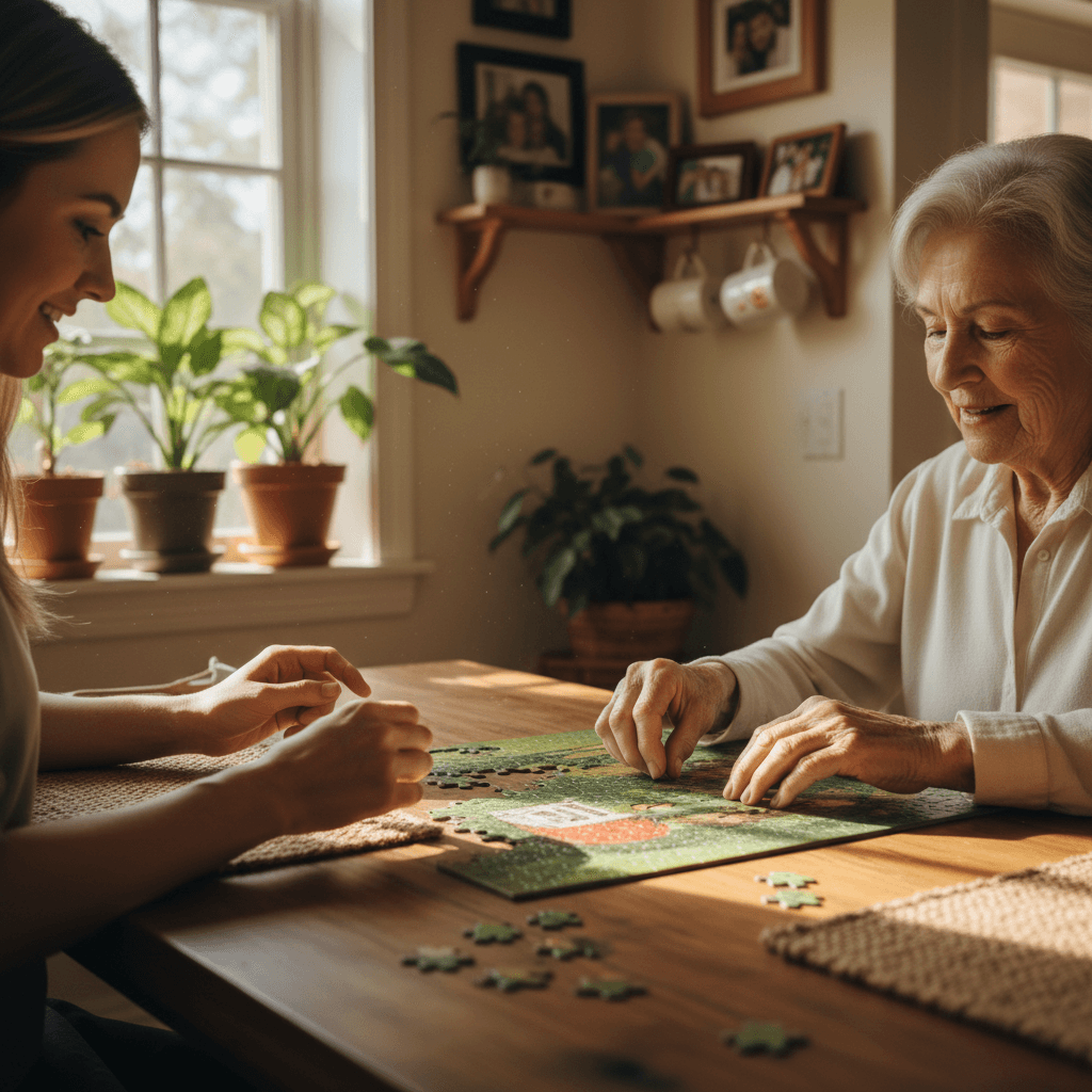 Elderly woman and caregiver sharing a warm moment at home
