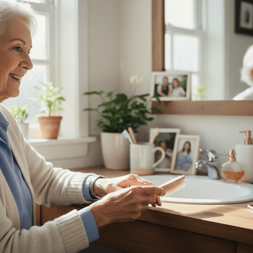 Caregiver supporting elderly person with daily tasks
