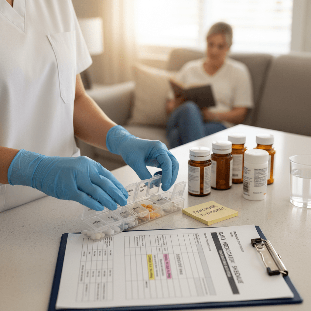Nurse preparing and organizing patient medications with pill organizers on home kitchen counter